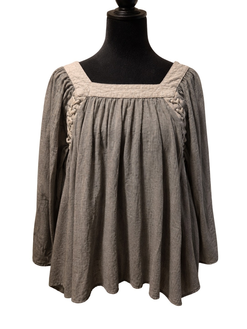 Mystree Gray Embroidered Lace Up Boho Blouse Top M